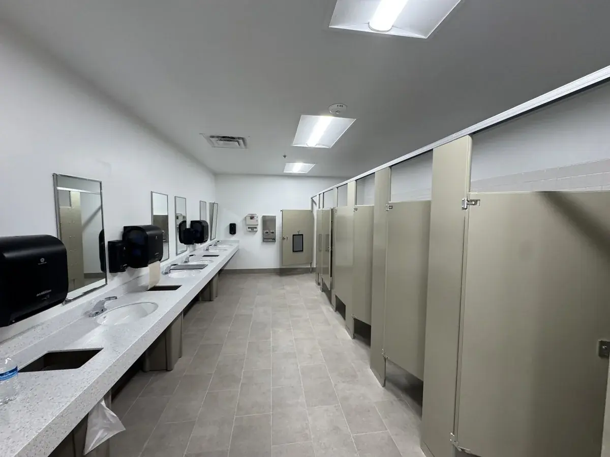 A finished commercial restroom.